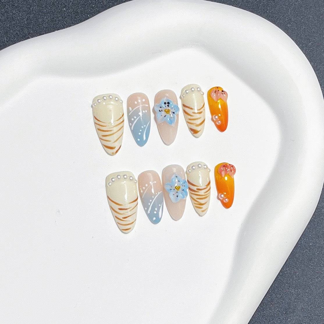 Sandy Bloom Press-On Nails | Handmade Tiger Stripe Floral Nail Set | Summer Aesthetic Nails XS S M L