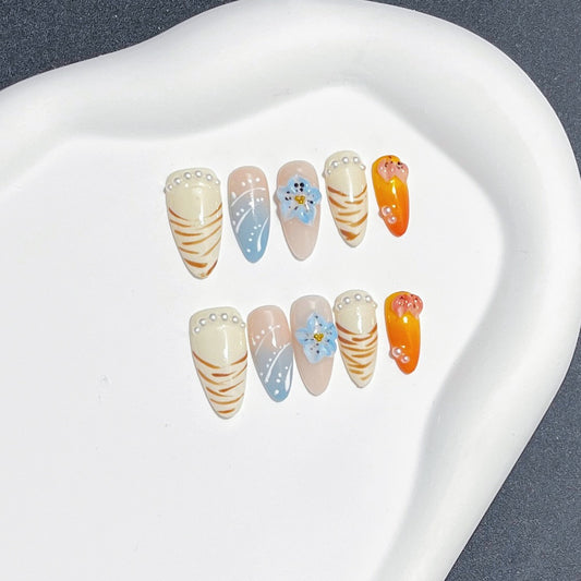 Sandy Bloom Press-On Nails | Handmade Tiger Stripe Floral Nail Set | Summer Aesthetic Nails XS S M L